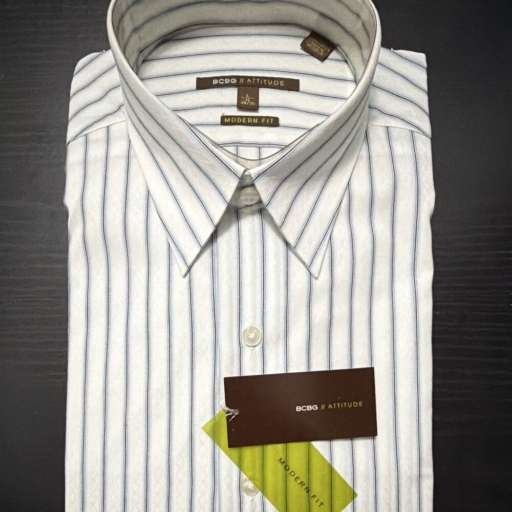 BCBG Attitude Men's Modern Fit Dress Shirt Blue/White Striped 16 34/35 L